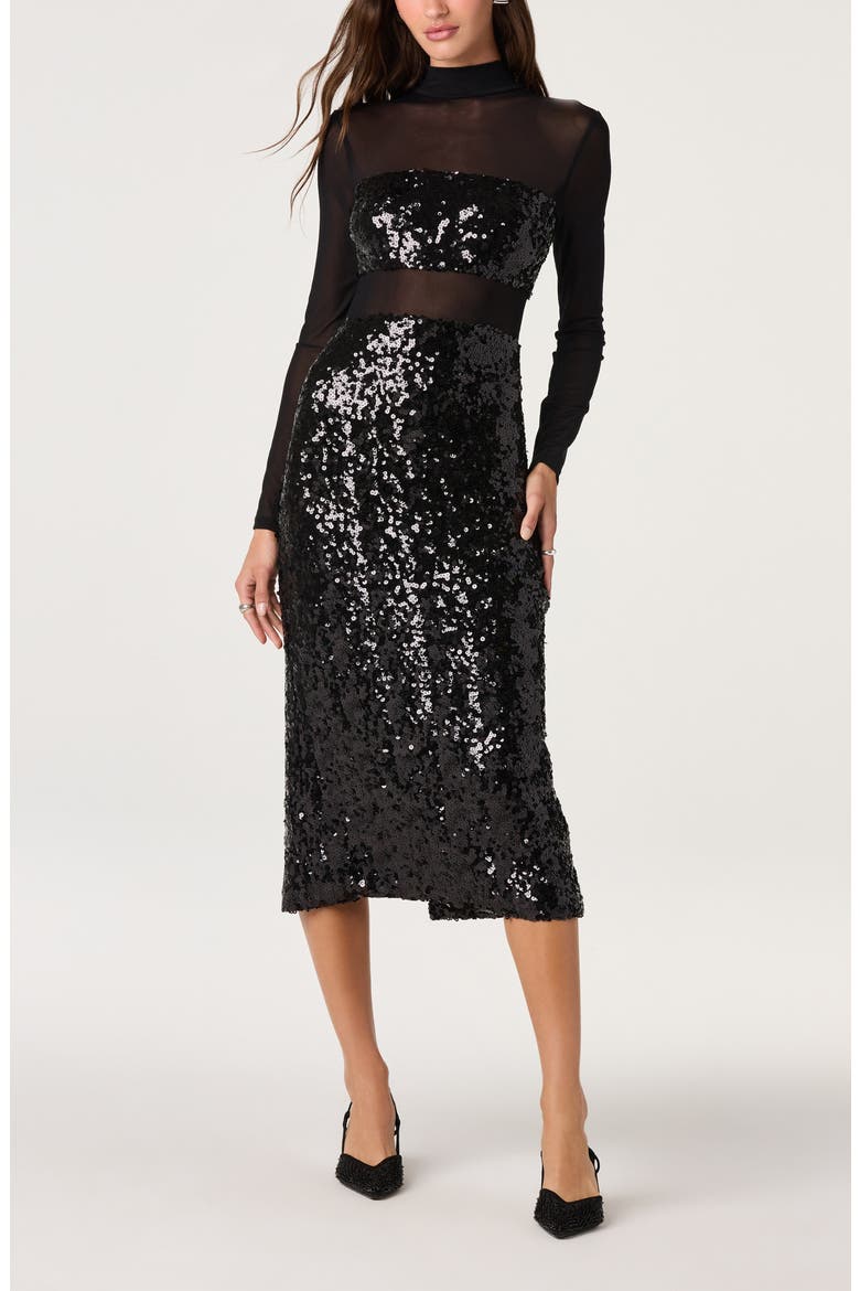 Daja Sequined Mock Neck Long Sleeve Midi Dress, Main, color, BLACK