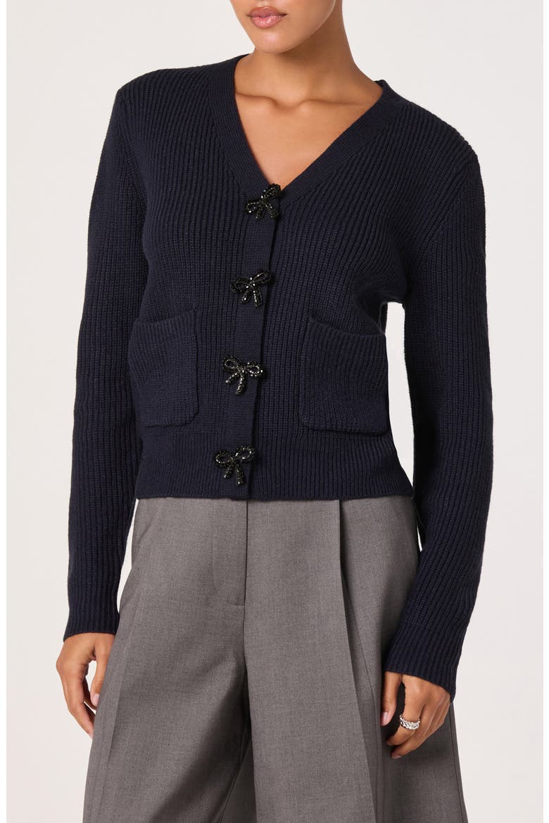 Crystal Embellished Bow Detail Cardigan, Main, color, NAVY