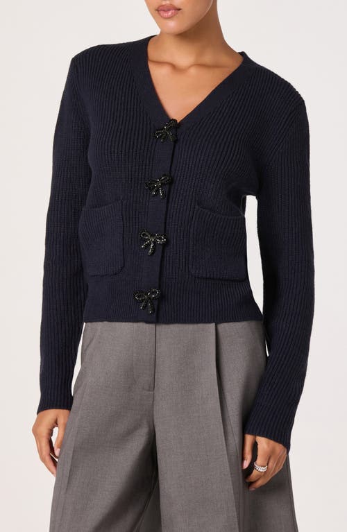 Astr The Label Crystal Embellished Bow Detail Cardigan In Blue