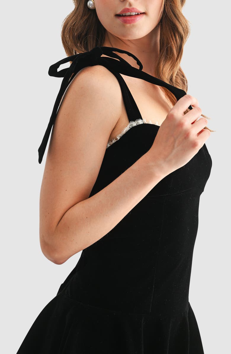 Lush Tie Strap Lace Trim Fit & Flare Minidress, Alternate, color, Black