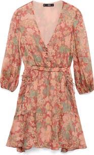 MANGO Floral Print Puff Sleeve Minidress