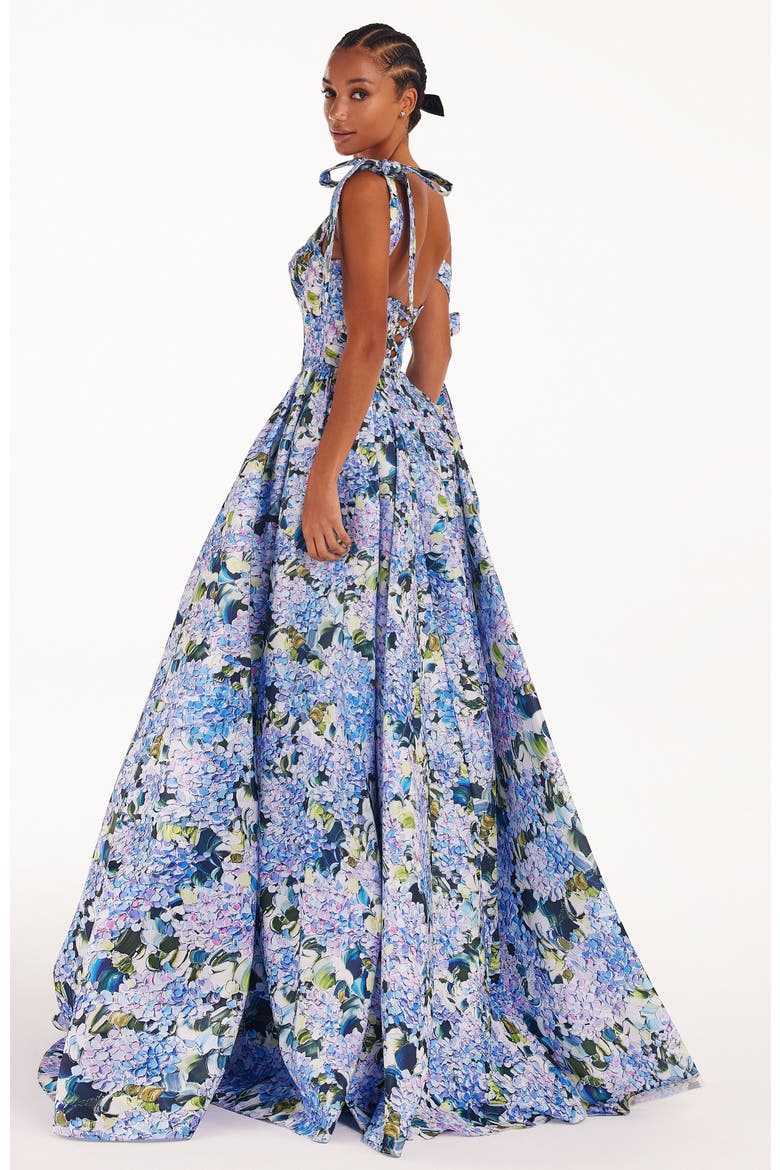A-Line Corset Taffeta Maxi Gown in Blue Hydrangea Print for Formal Occasions, Alternate, color, Blue Hydrangea