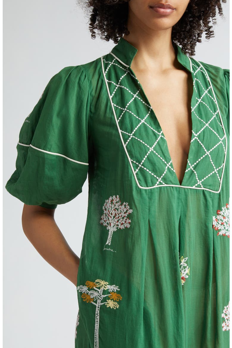 Embroidered Trees Puff Sleeve Organic Cotton Midi Dress, Alternate, color, GREEN