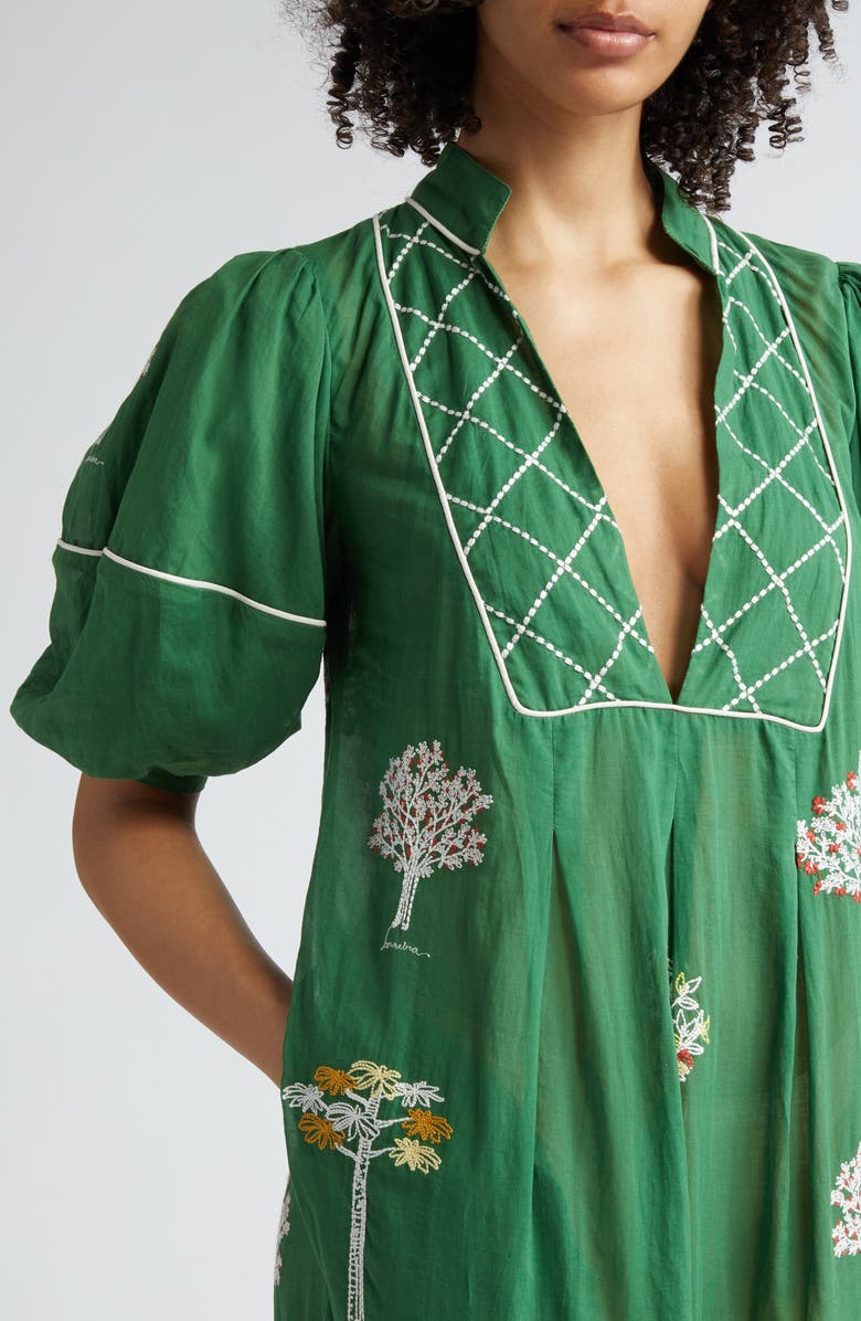 FARM Rio Embroidered Trees Puff Sleeve Organic Cotton Midi Dress, Alternate, color, 