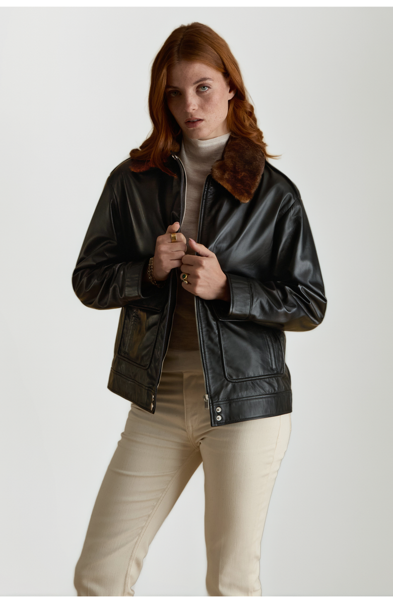 FURNIQ UK LLC Alma Leather Jacket, Alternate, color, Black