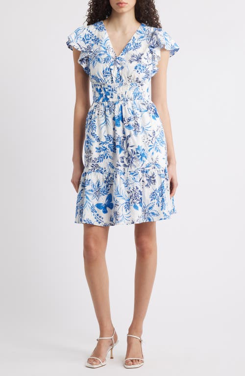 Eliza J Petite Floral Flutter-sleeve Smocked-waist Dress In Iye Blue/white Multi