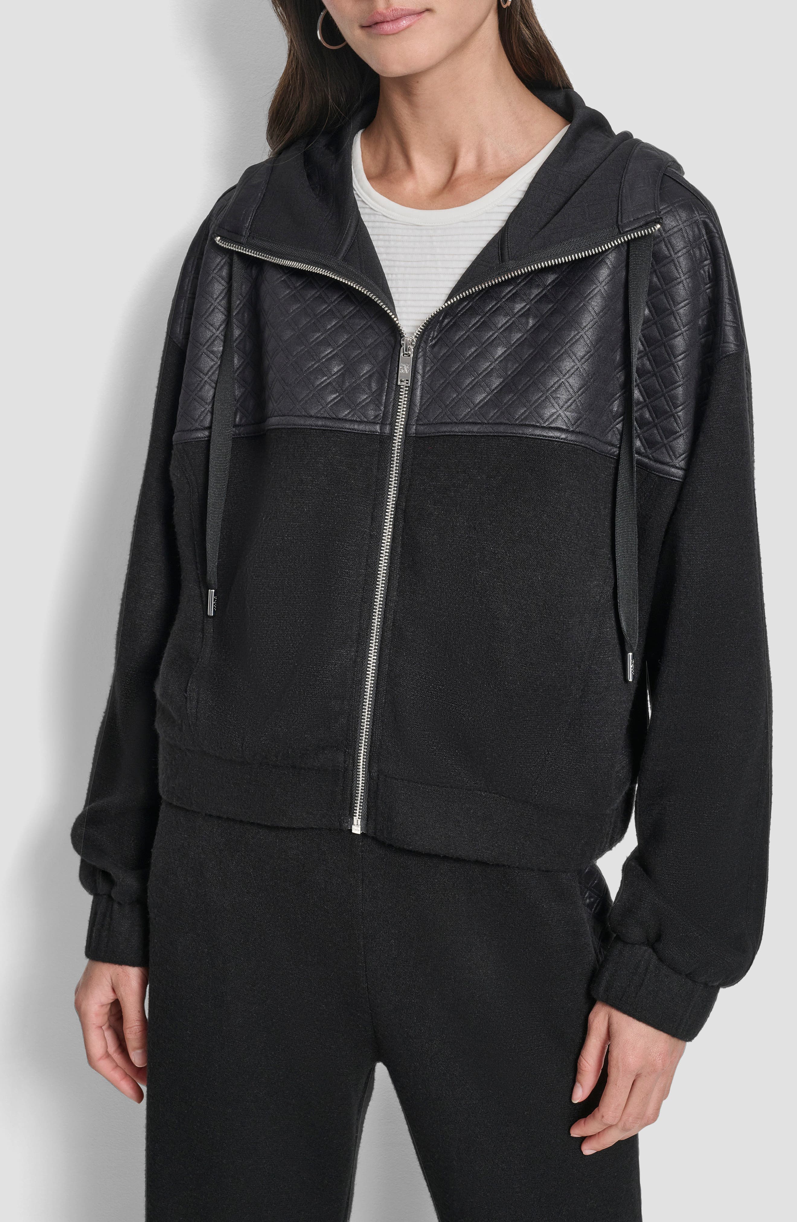 DKNY Mixed Media Zip-Up Hooded Jacket