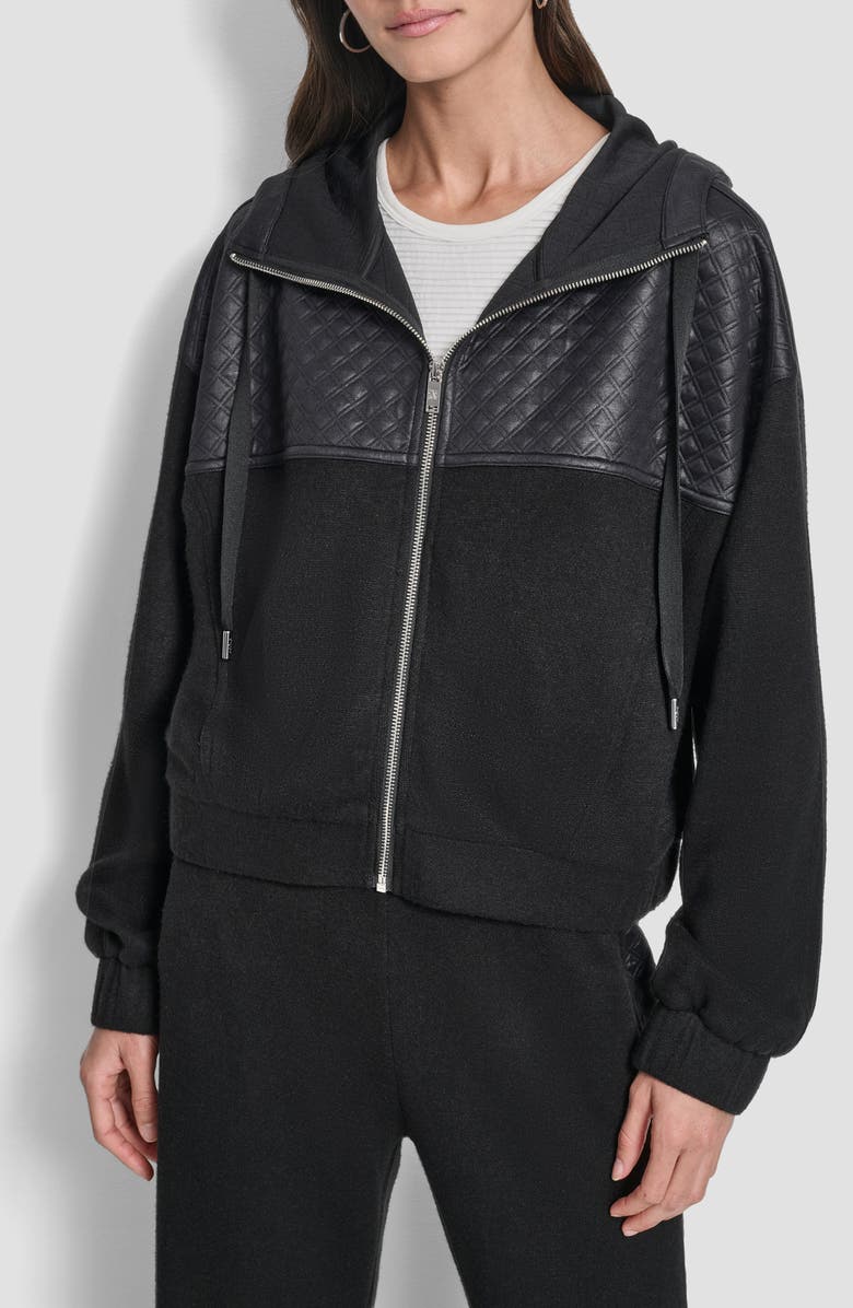 DKNY Mixed Media Zip-Up Hooded Jacket, Main, color, Black/ Black