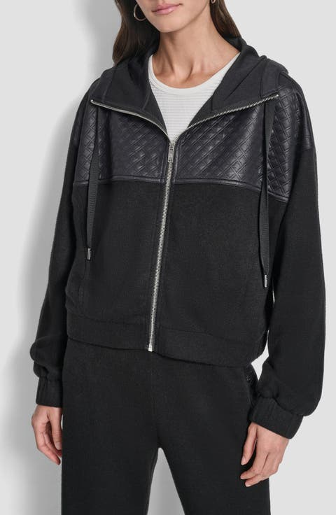 Mixed Media Zip-Up Hooded Jacket