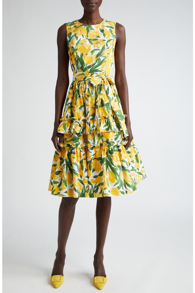Tulip Print Sleeveless Stretch Cotton Tiered Dress, Main, color, WHITE MULTI