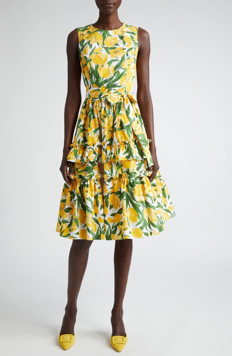 Carolina Herrera Tulip Print Sleeveless Stretch Cotton Tiered Dress, Main, color,