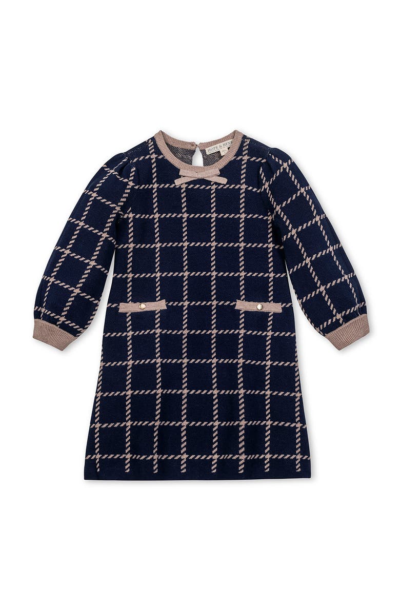 Hope & Henry Kids' Organic Puff Sleeve Bow Detail Intarsia Sweater Dress, Main, color, Navy And Taupe Windowpane