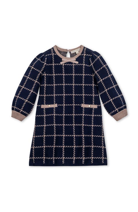 Kids' Organic Puff Sleeve Bow Detail Intarsia Sweater Dress (Toddler, Little Kid and Big Kid)