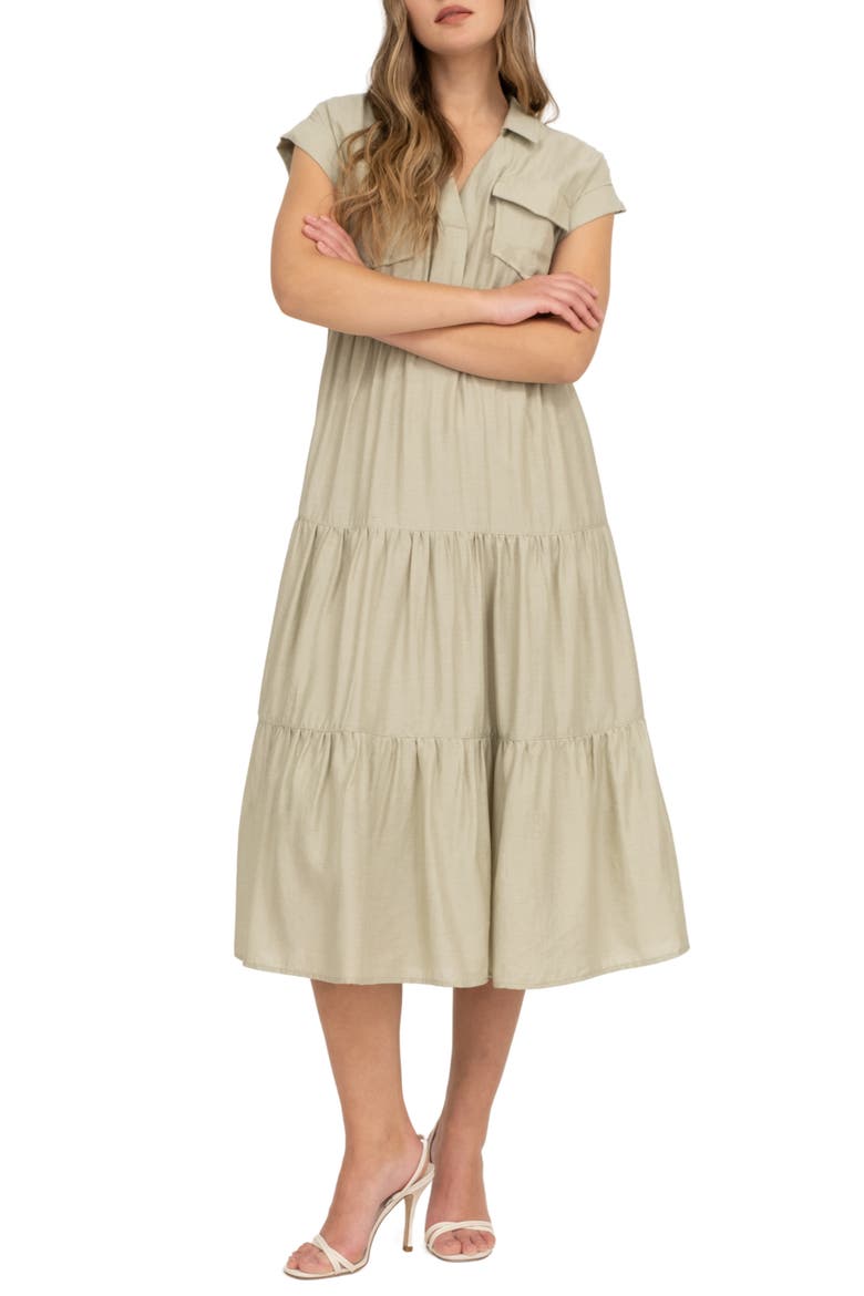 Short Sleeve Tiered Shirtdress, Alternate, color, LIGHT OLIVE