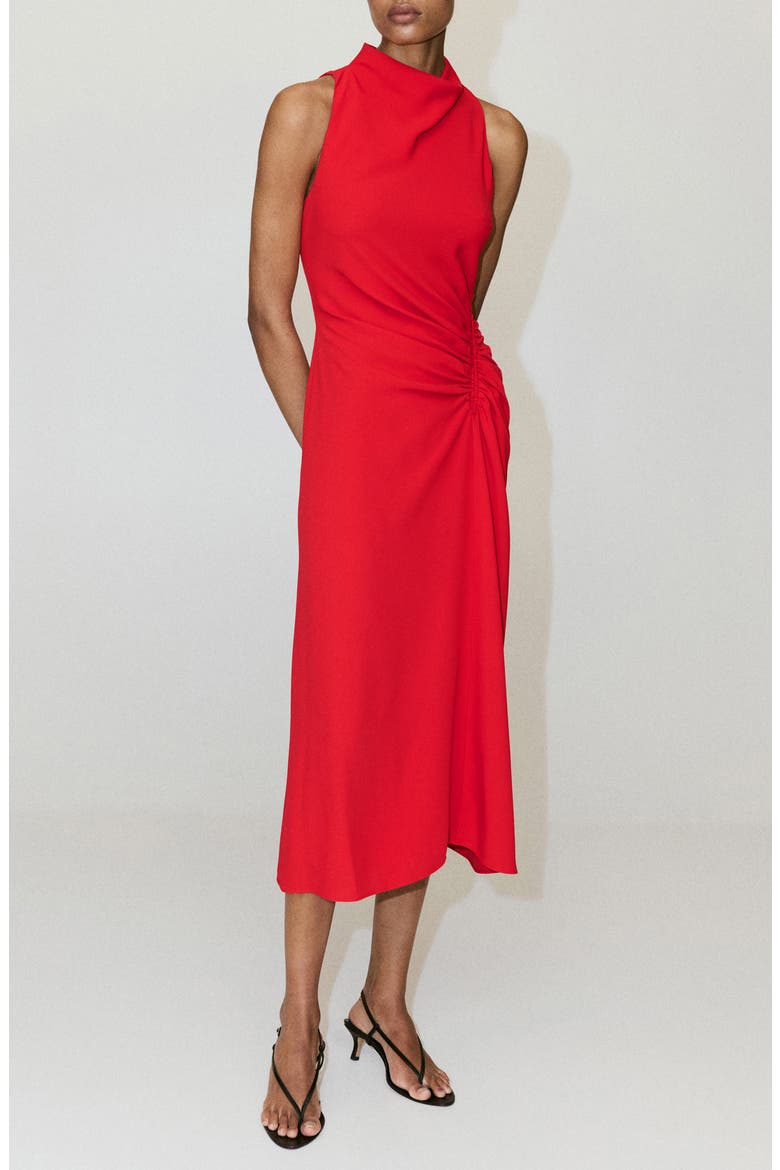 draped ruched midi dress MANGO - Ruched Dress with Draped neckline Red