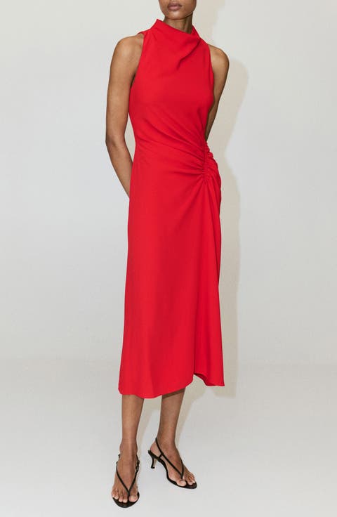 Ruched Draped Neck Midi Dress