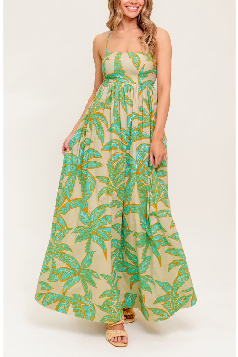 Frond Lace-Up Back Cotton Maxi Dress, Alternate, color, TAUPE/GREEN