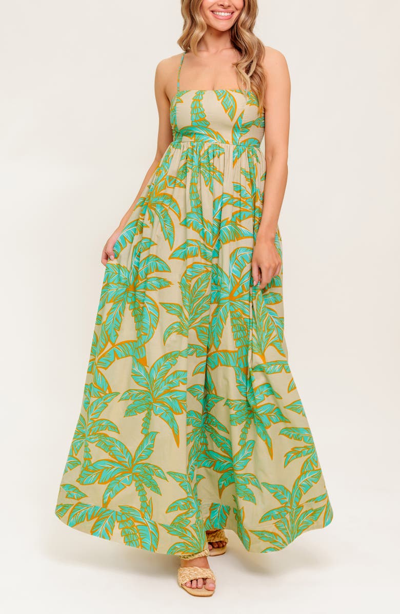 FLYING TOMATO Frond Lace-Up Back Cotton Maxi Dress, Alternate, color, Taupe/Green