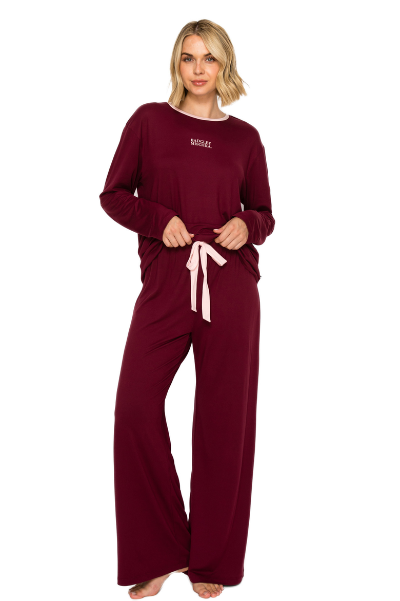 Yummy Jersey Crew Neck Print Top & Wide Leg Pants Set, Main, color, Ruby