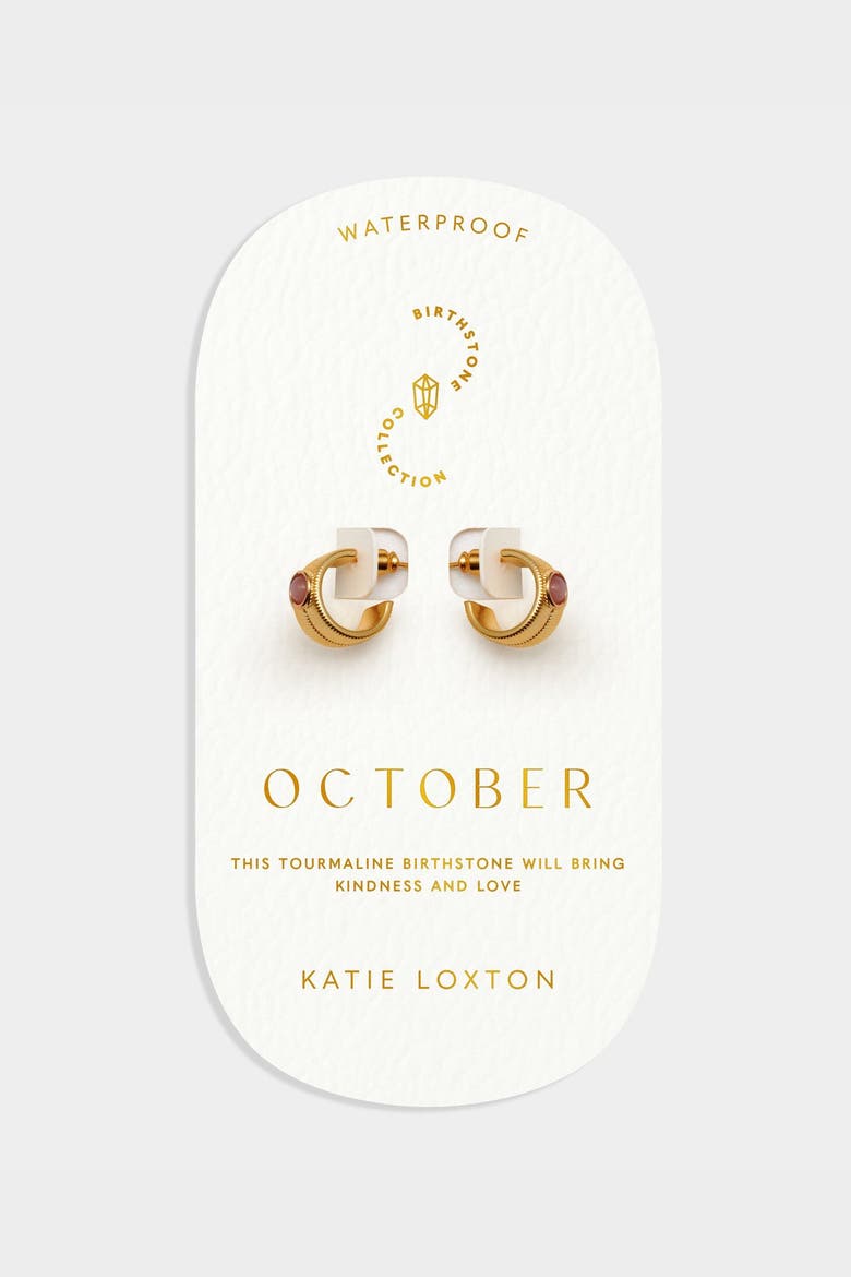 'October' Waterproof Gold Birthstone Hoop Earrings, Main, color, October