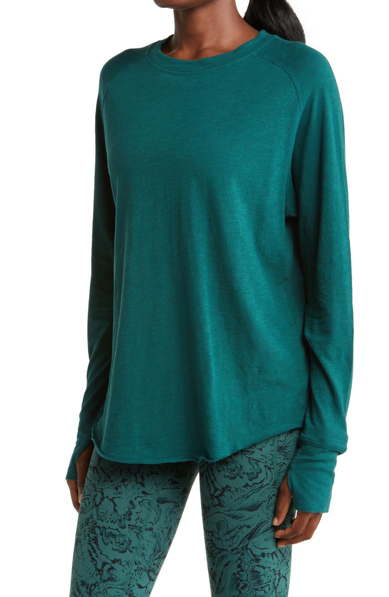 Zella Relaxed Washed Long Sleeve Slub Tee, Alternate, color, Green Bug