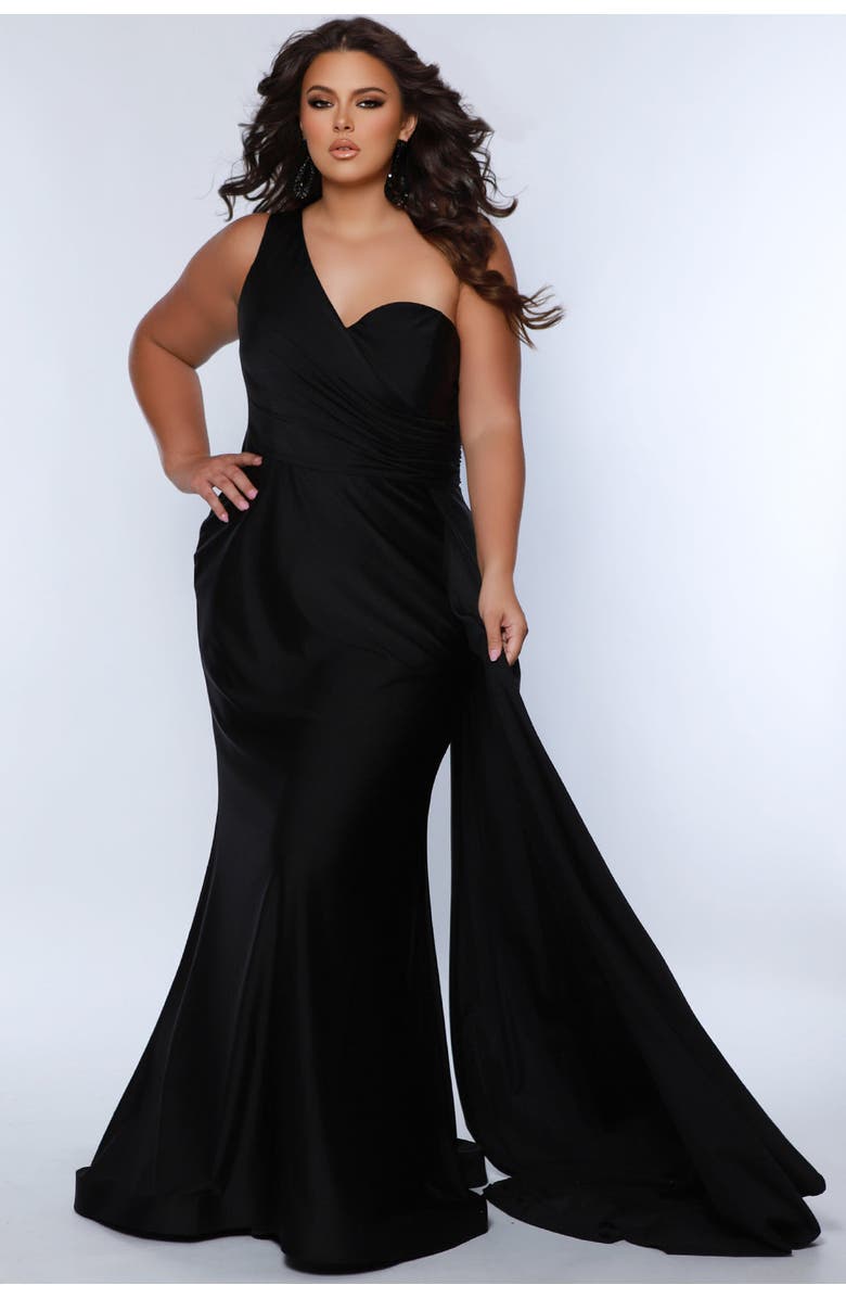 Sydney's Closet Simple One Shoulder Fitted Plus Size Formal Dress with Cape, Main, color, 
