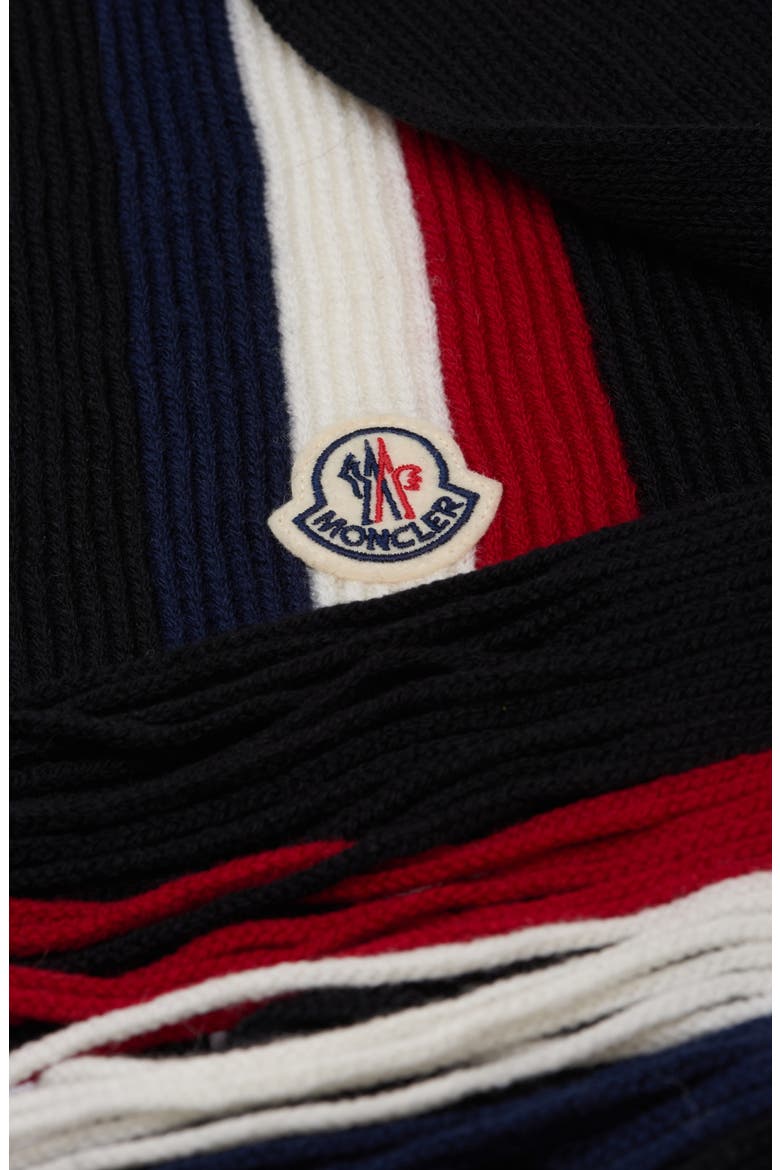Logo Patch Stripe Virgin Wool Fringe Scarf, Alternate, color, BLACK