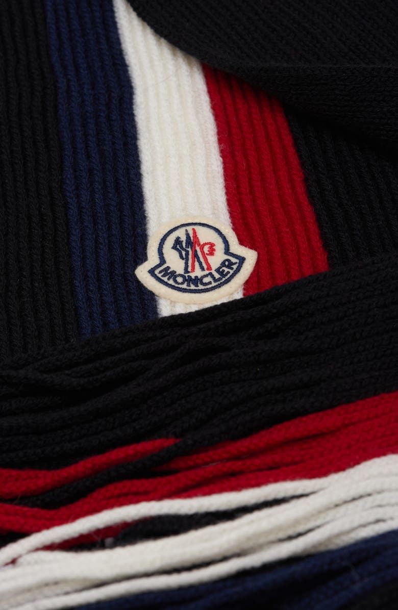 Moncler Logo Patch Stripe Virgin Wool Fringe Scarf, Alternate, color, Black