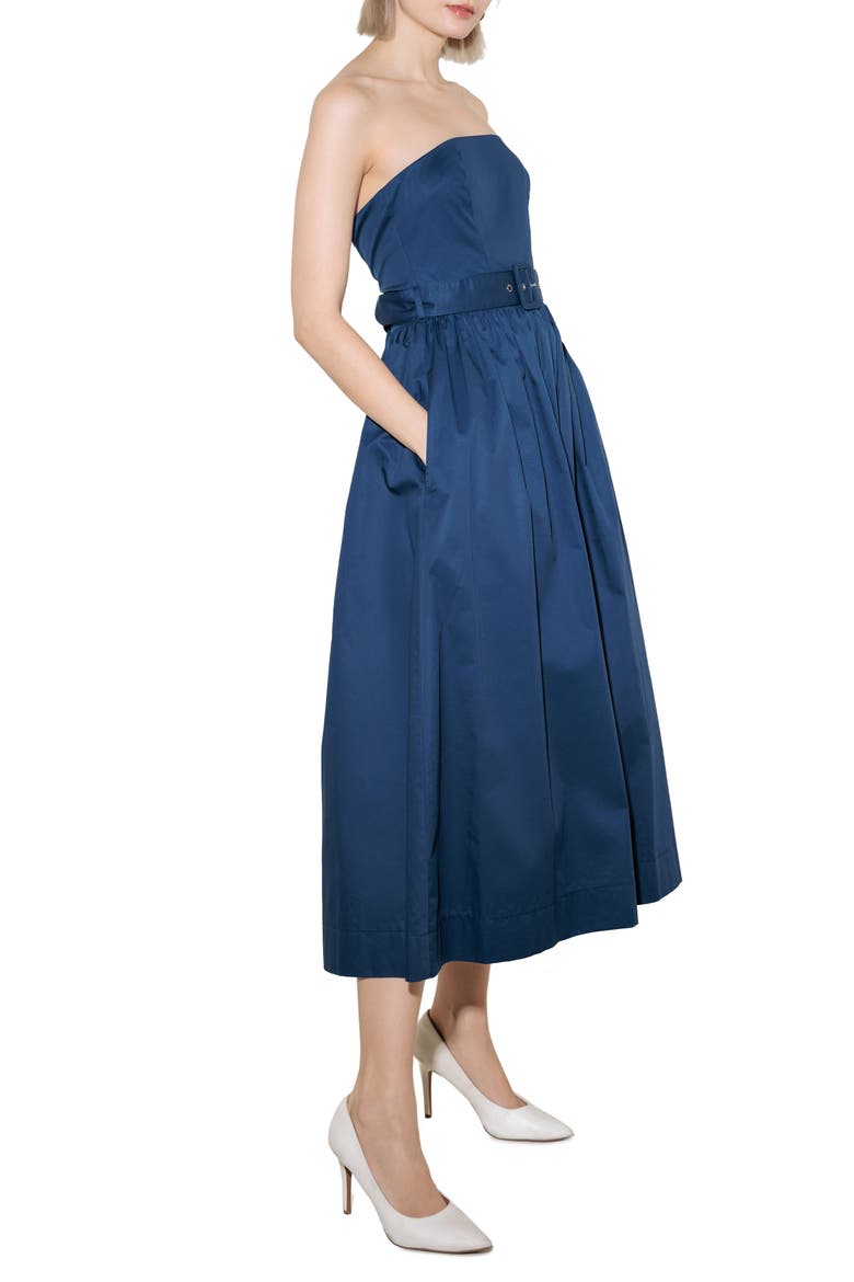 Belted Strapless Midi Dress, Alternate, color, NAVY