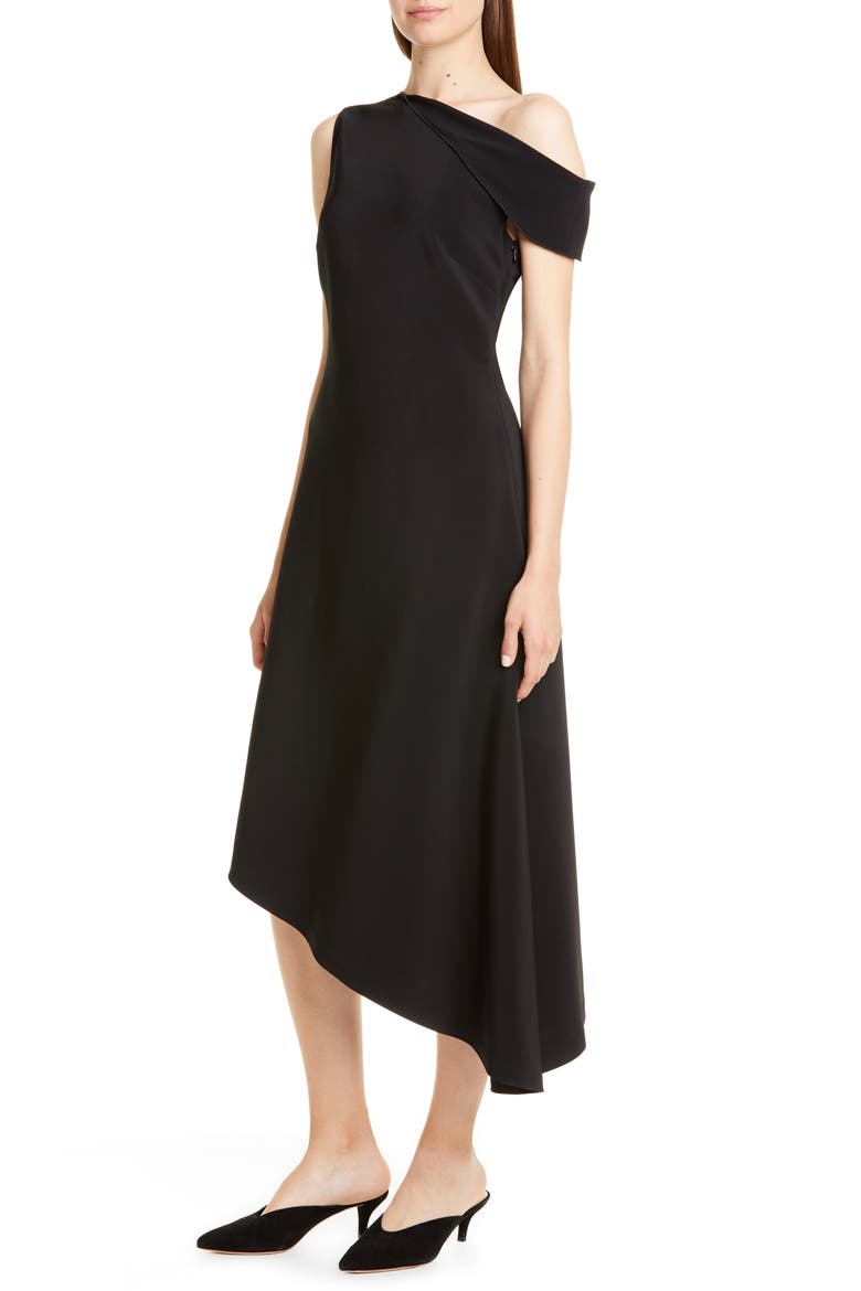One-Shoulder Asymmetrical Midi Dress, Alternate, color, BLACK