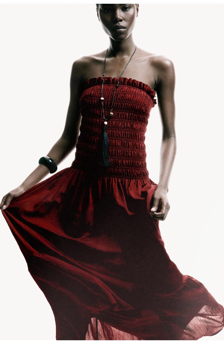 H&M Smocked Bandeau Dress, Alternate, color, Dark Red
