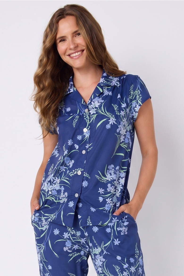 Floral Pima Cotton Short-Sleeved Capri Pajama Set, Alternate, color, Garden Posy Navy
