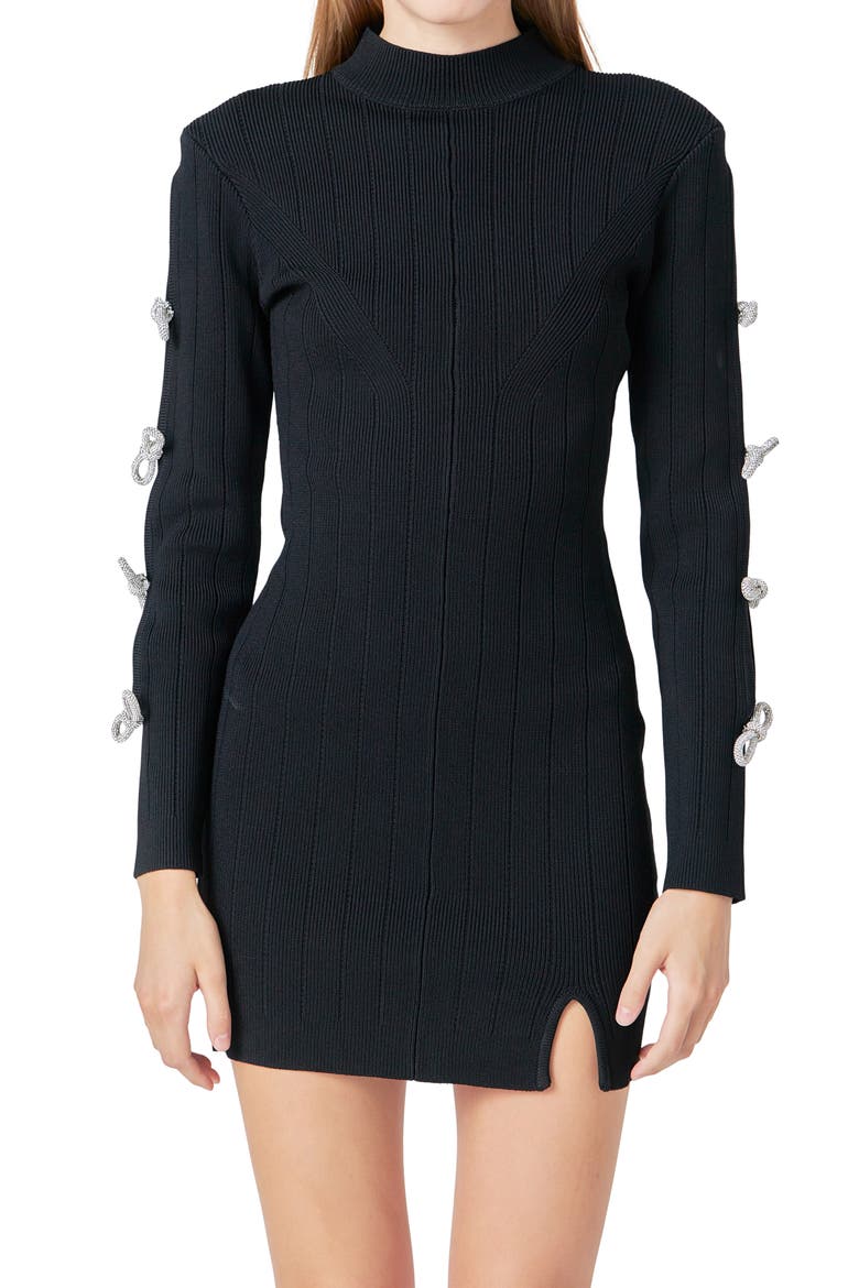 Rhinestone Bow Long Sleeve Sweater Minidress, Alternate, color, BLACK