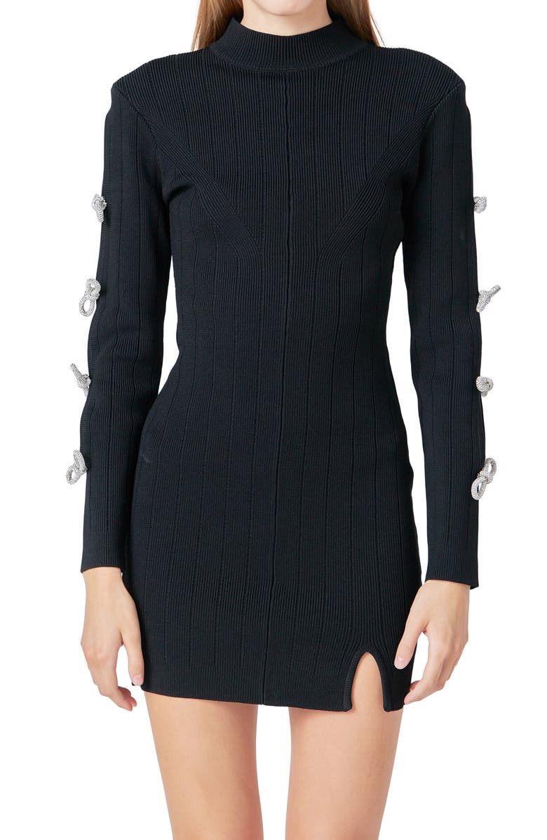 Endless Rose Rhinestone Bow Long Sleeve Sweater Minidress, Alternate, color, Black