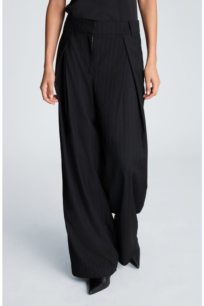 Crossover Pleat Pinstripe Wide Leg Pants, Main, color, BLACK/ OYSTER