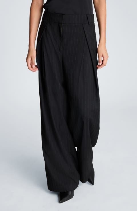 Crossover Pleat Pinstripe Wide Leg Pants