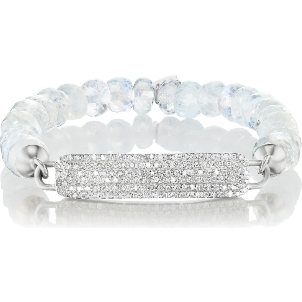 Sheryl Lowe Small Diamond Id Tag On Rainbow Moonstone Bead Bracelet In Metallic