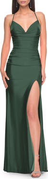 La Femme Ruched Jersey Prom Dress with Slit