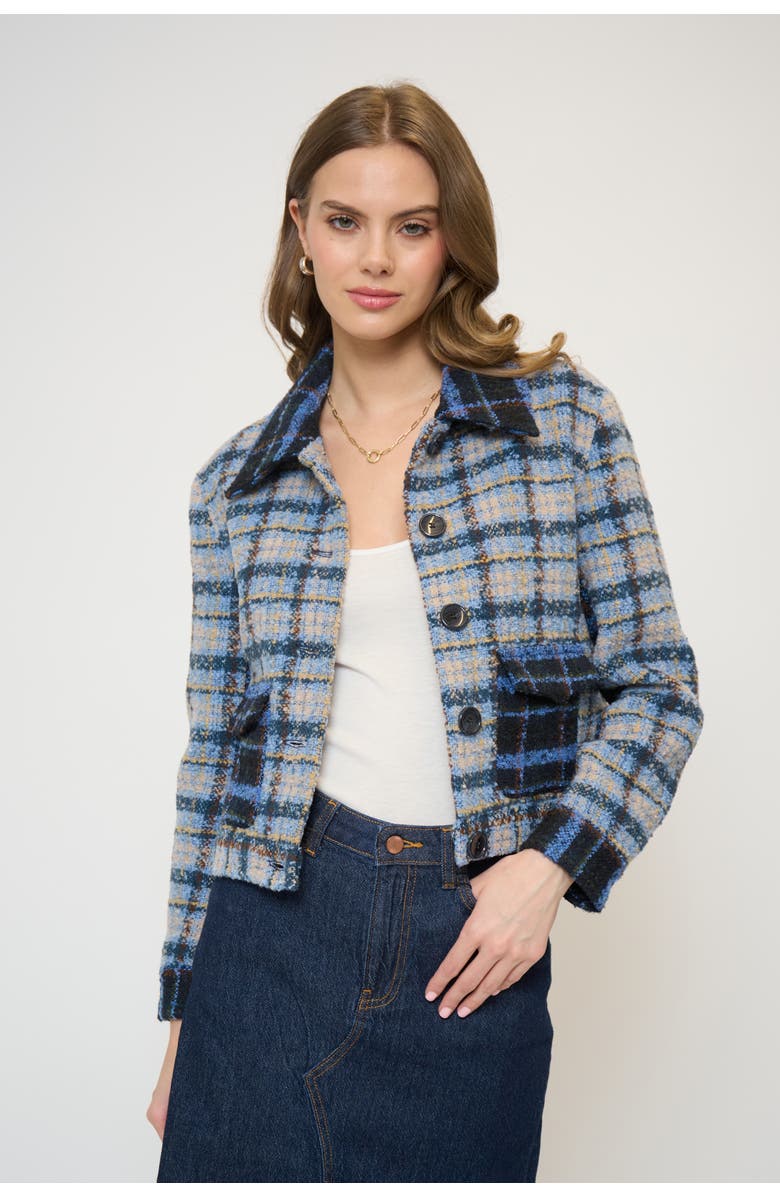 Central Park West Daphne Cropped Mixed Plaid Patch Pocket Jacket, Main, color, 