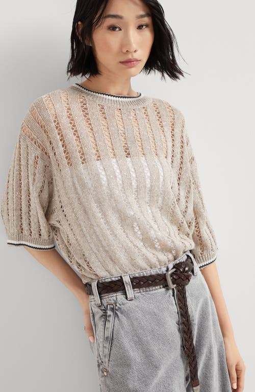 Brunello Cucinelli Sequined Open-knit Linen-blend Top In Cool Beige