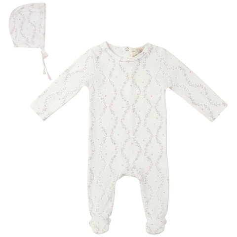 Girl Vine Print Footed Romper with Bonnet