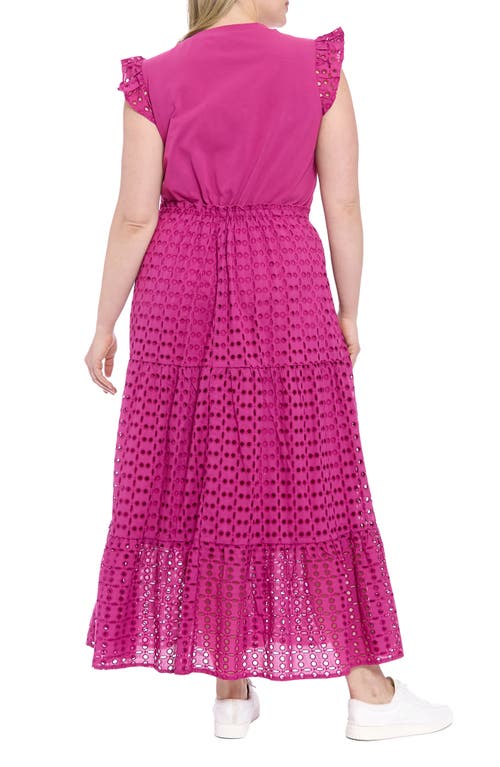 London Times Scoop Neck Mixed Media Tiered Maxi Dress In Pink