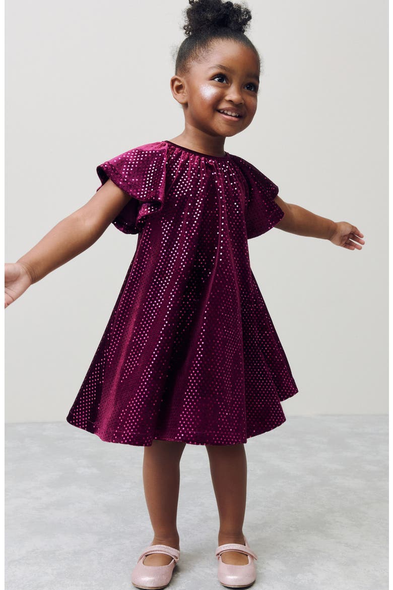 Kids' Foil Dot Velvet Dress, Alternate, color, BURGUNDY