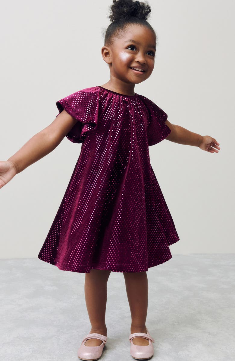 NEXT Kids' Foil Dot Velvet Dress, Alternate, color, Burgundy