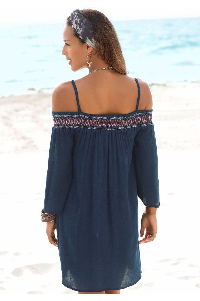Embroidered Cold Shoulder Dress, Alternate, color, Navy