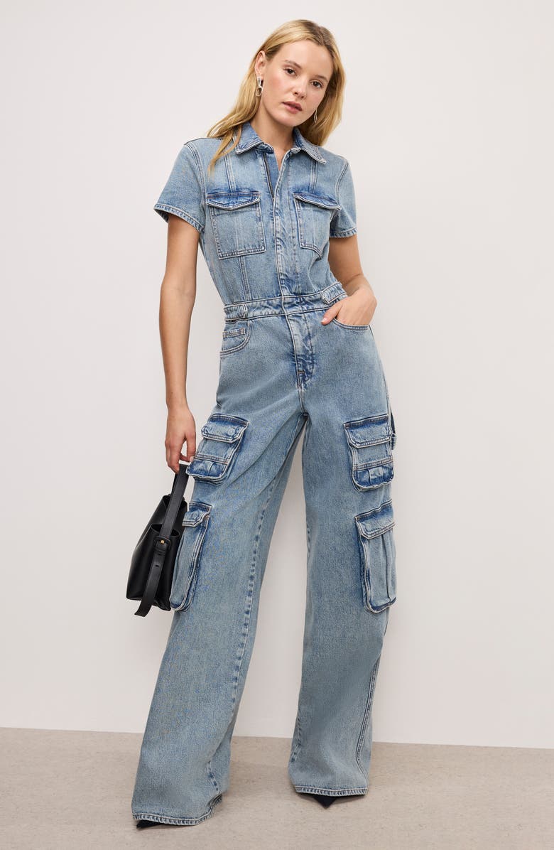 Good American Fit For Success Denim Wide Leg Cargo Jumpsuit, Alternate, color, Indigo762