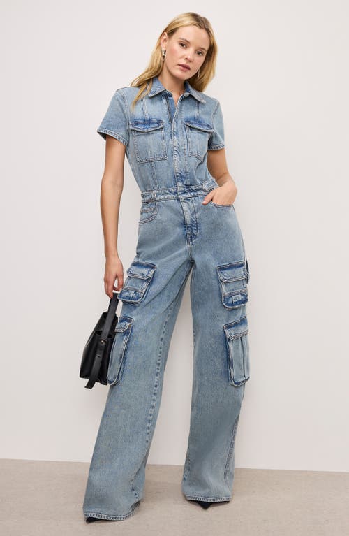 Shop Good American Fit For Success Denim Wide Leg Cargo Jumpsuit In Indigo762