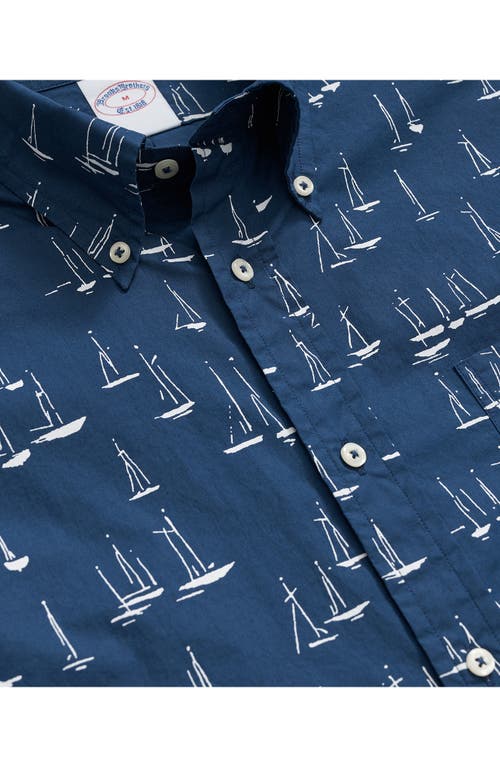 Brooks Brothers Boat Print Short Sleeve Cotton Button-down Shirt In Blue/white