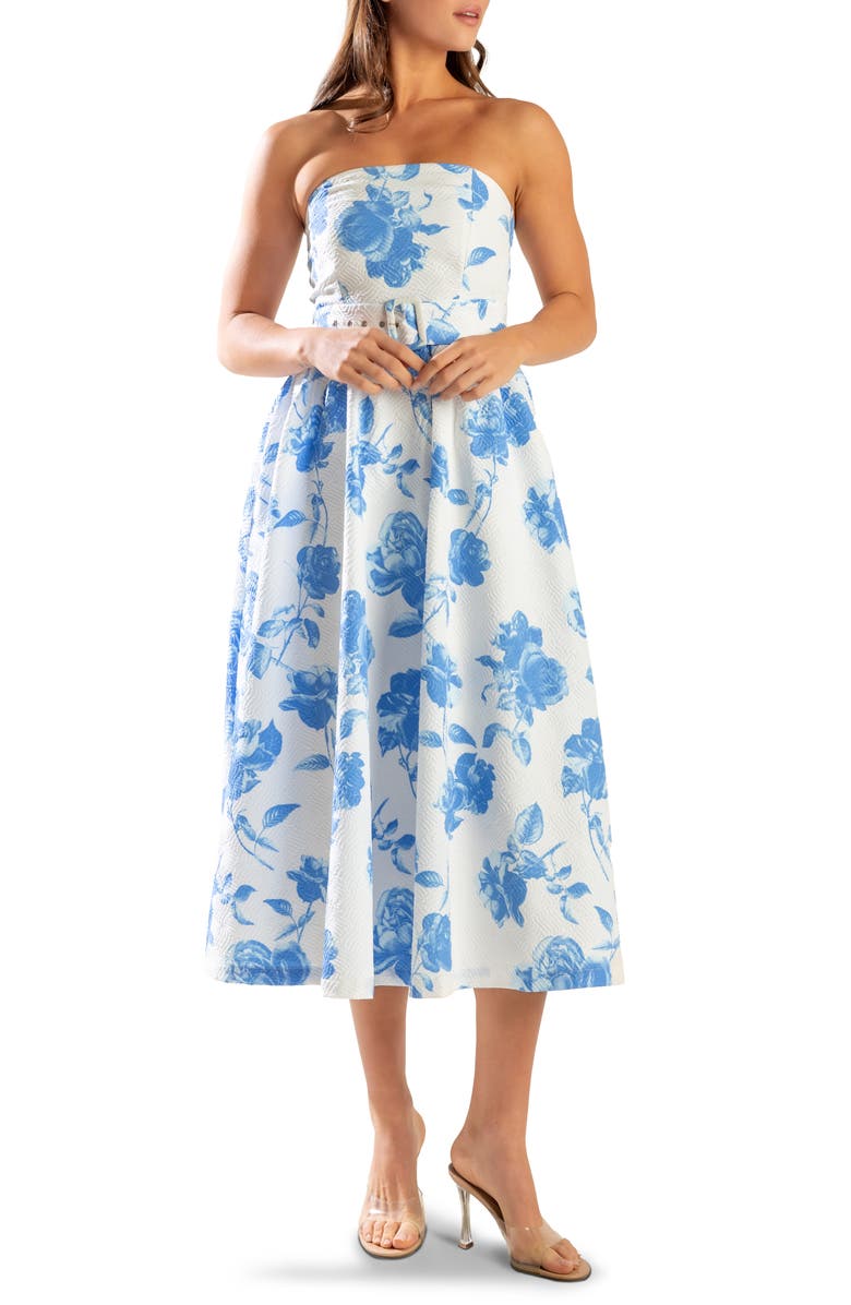 FREEMARKET Floral Strapless Midi Dress, Main, color, Blue