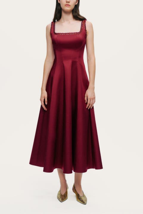 Embellished Square-Neck Midi Dress